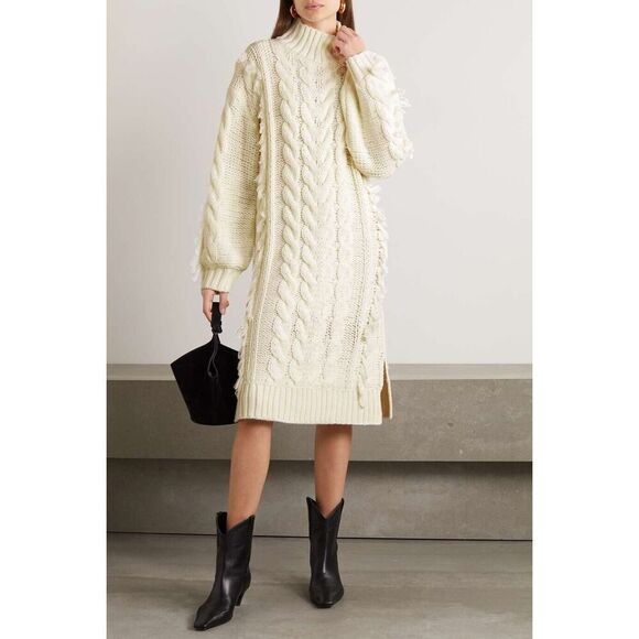 FARM Rio Dresses & Skirts - Farm Rio Off White Fringed Cable Knit Midi Dress Long Sleeves Women’s Size Small